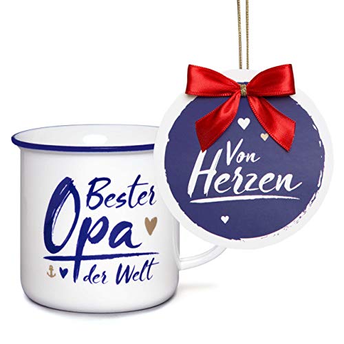 stadt-teile.de - Taza grande con texto en alemán "Bester Opa der Welt", de porcelana, hecha a mano en el norte – Incluye etiqueta de regalo con lazo de satén – 400 ml