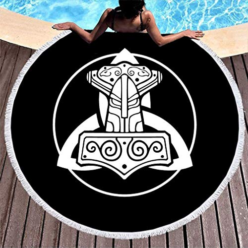 SUN DANCE Mjolnor Hammer Odin Warrior Tattoo Print Toalla de Playa Redonda Absorbente de Agua con borlas Holiday Round Fringe Beach Throw Yoga Mat Sarong Pareo