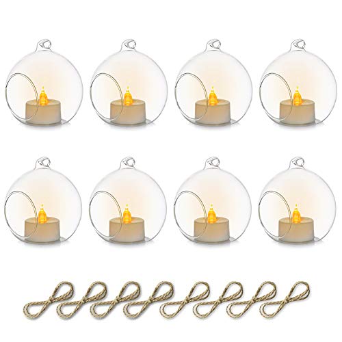 Sziqiqi 8 Piezas Candelabro Colgante de Vidrio con Vela LED, 8cm Colgar Portavelas Candelabro de Vidrio Terrario Decoración de Velas para Mesas de Boda Fiesta Decoraciones de Navidad