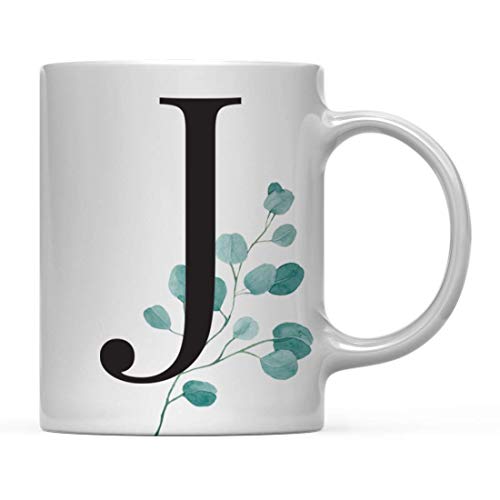 Taza de café de Regalo, Hojas de eucalipto, Verde, Monograma Inicial Letra J, Incluye Caja de Regalo, Ideas para Regalo de compañero de Trabajo de graduación del día de la Madre, 11 oz