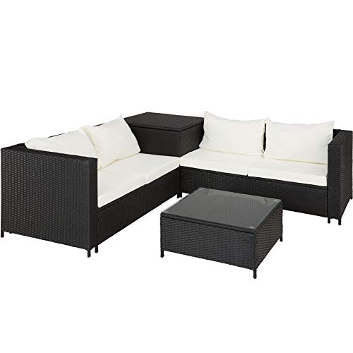 TecTake 800678 Conjunto de Muebles de Jardín de Ratán, 2 Sofás 1 Mesa 1 Caja de Almacenamiento, Incluye Tornillos de Acero Inoxidable (Negro | No. 403071)