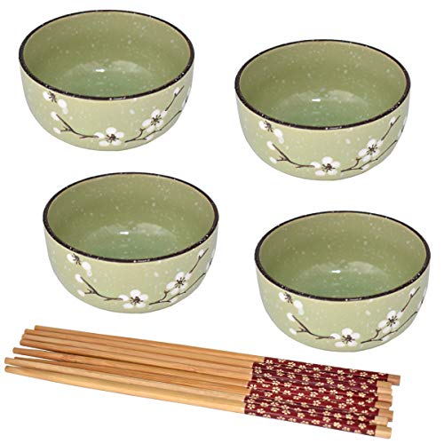 Tianher Cuencos de Cereal de Porcelana Verde 4 Piezas Tazones De Sopa con Palillos para Desayuno Sopa Vajilla de Estilo Japonés Cereales Pasta Fideos Aperitivo