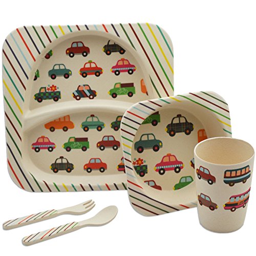 Tiny Dining Vajilla Infantil de bambú - con Plato, Bol, Vaso, Tenedor y Cuchara - Coches - 5 Piezas