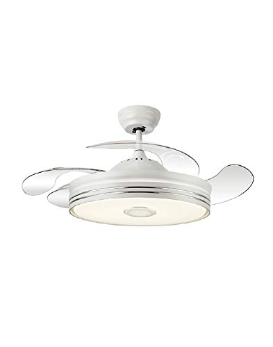 TODOLAMPARA - Ventilador de techo con luz LED 36W motor DC y Altavoz modelo MATANUSKA Blanco, 3 tonalidades con memoria, aspas retráctiles, 6 velocidades, control remoto, temporizador, silencioso