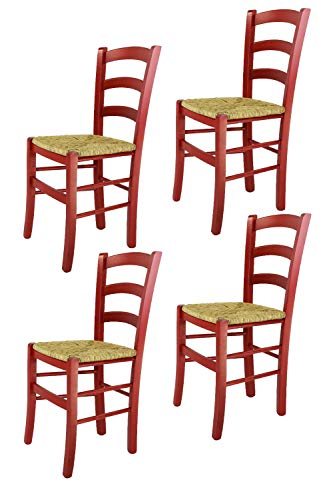 Tommychairs - Set 4 sillas Venezia para Cocina y Comedor, Estructura en Madera de Haya Color anilina roja y Asiento en Paja