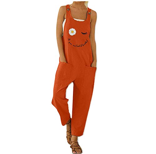 Treer Mujer Peto de Pantalones Largos Casual Verano Mono Suelto Moda Margarita Bolsillos Tiras Fiesta Pantalones de Babero Jumpsuit Playa Fiesta Pantalón (Naranja,L)