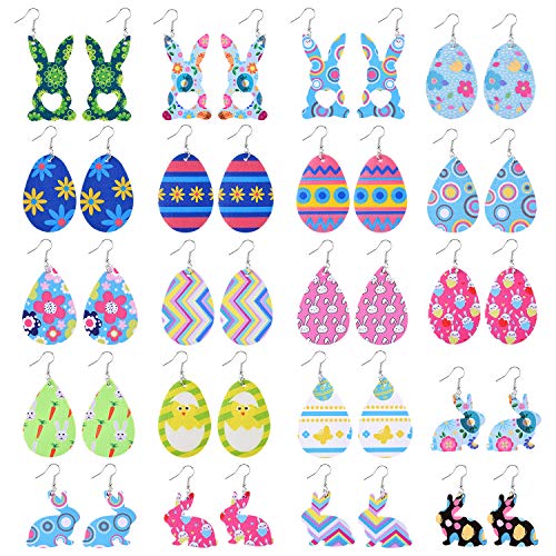 TUPARKA 20 pares Pendientes de Pascua Pendientes de cuero de imitación de Pascua, Pendientes de huevo de Pascua Pendientes de conejito Pendientes colgantes para mujeres Niñas Regalos de Pascua