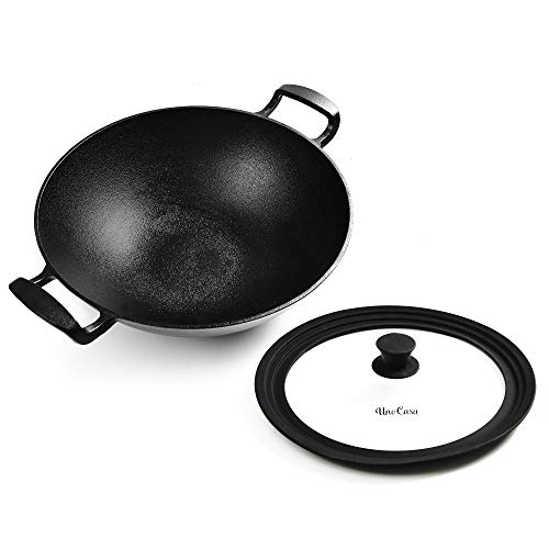 Uno Casa Wok sartén de Hierro Fundido - Wok con Tapa de Silicona y Base Plana - 32 cm, 4,9 litros