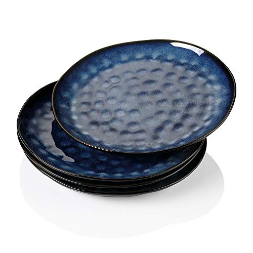 vacasso Serie Starry Plato de Cena Juego de 4 Platos Llanos 28CM Plato Grande Retro Vajilla de Gres Diseño de Bordes Irregulares Azul