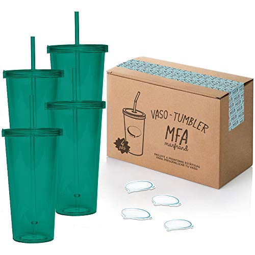Vasos de Plástico Duro con Tapa y Pajita - Libre de BPA - Incluye Pegatinas Reutilizables y eBook de Coctelería - Set de 4 Vasos plasticos reutilizables de 700 ml - Marfrand (Verde)