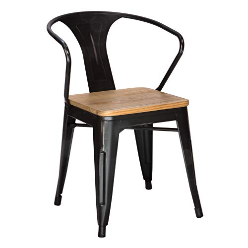 Vaukura Silla Tolix con Brazos - Silla Industrial Metálica Vintage Asiento de Madera (Negro)