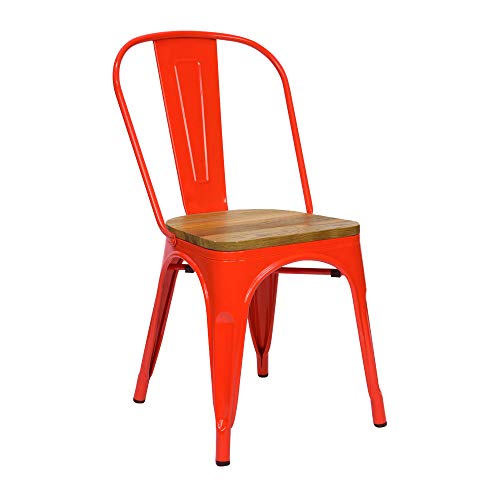 Vaukura Silla Tolix - Silla Industrial Metalica Brillo Asiento Madera (Rojo)