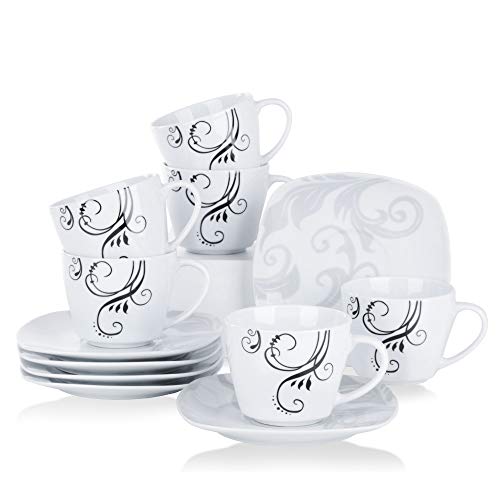 VEWEET ZOEY 12 Piezas Juegos de Cafe de Porcelana 4" Tazas y 6" Platillos Servicios de Cafe para 6 Personas