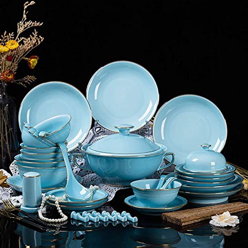 WEHOLY Dinner 46 PCS Vajilla de Estilo Europeo Tazones de cerámica Esmeralda Juego de Platos Juego de vajilla de Porcelana Azul Juego de Regalo de Boda (46 Piezas/Juego)