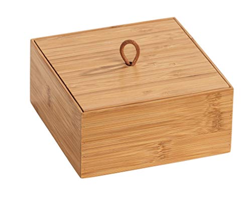 WENKO Box con tapa de bambú Terra M - Caja de almacenaje, cesta para el baño, Bambú, 15 x 7 x 15 cm, natural