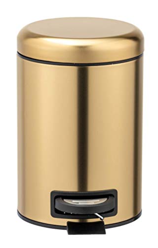 WENKO Cubo de pedal Leman oro mate - Cubo de cosmética, cubo de basura con recubrimiento anti-huellas dactilares Capacidad: 3 l, Acero inoxidable, 17 x 25 x 22.5 cm, Oro