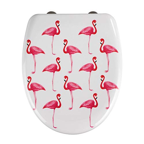 WENKO Tapa de WC Flamingo - antibacteriano, dispositivo automático de descenso, sujeción higiénica Fix-Clip, Duroplast, 38 x 45 cm, Multicolor