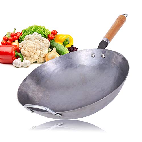 Wok Sartén de acero al carbono para wok hecho a mano, gran wok y mango de madera, antiadherente, utensilios de cocina (13.5 pulgadas)