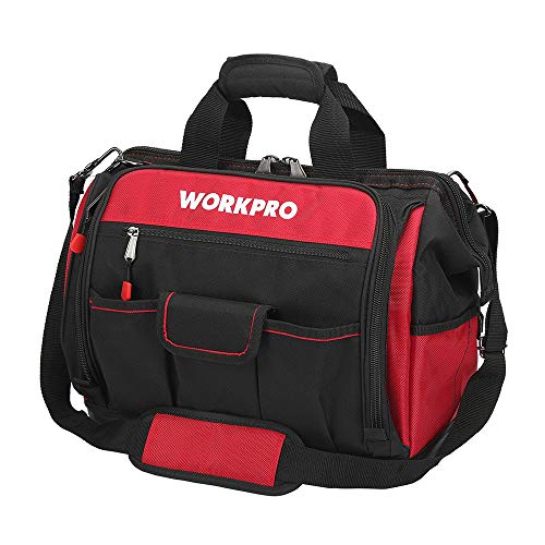 WORKPRO Bolsa de Herramientas 42 x 25 x 34 cm, Bolsa de Herramientas con Carga Máxima 18-30kg, Respaldo Rígido Resistente al Agua, Correa Ancha Ajustable para el Hombro, Cremallera Flexible