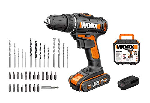 Worx WX101.5 - Taladro inalámbrico (20 V, 2,0 Ah, Powershare, 2 marchas, 15 + 1 niveles de par de torsión, bloqueo de husillo, 1 hora) Cargador rápido, 35 piezas de accesorios y maletín, 18 V.