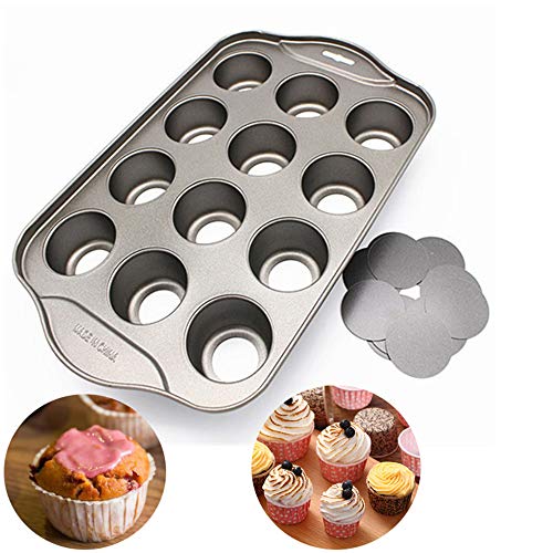 Xkfgcm Molde para Muffins Cupcakes o Magdalenas Bandejas para Hornear Magdalenas Antideslizantes de Acero al Carbono para Horno con 12 Agujeros Capa Antiadherente para Hornear Bandeja de Horno