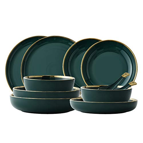 XLNB De Vajilla De Cerámica De Lujo Ligero, 28 Piezas De Combinación De Cena De Estilo Nórdico | Juegos De Platos Y Cuencos De Porcelana Verde Esmeralda, para Restaurante, Cocina, Fiesta Familiar