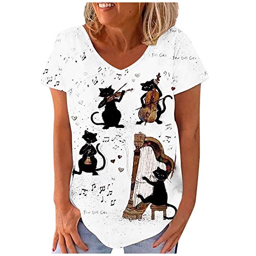 YANFANG Jersey de Manga Corta con Cuello Redondo y Estampado de Gato Lindo Informal de Moda para Mujer,T Shirt Tops Elegante Casual,, M,White