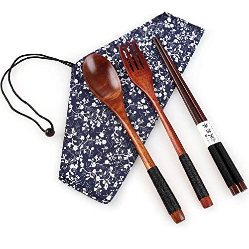 Yinuoday Palillos de Madera Cuchara Tenedor Set Utensilios de Viaje de vajilla de Estilo japonés con Bolsa para Camping, Picnic, Oficina u hogar (Style A)