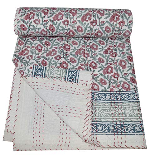 Yuvancrafts Kantha - Colcha de algodón con estampado de bloques de mano tradicional Kantha, tamaño individual, hecha a mano, tamaño individual, hecha a mano