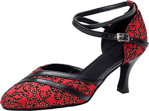 Zapato de baile latino para mujer 7017 con puntera redonda y correa al tobillo, color Rojo, talla 41 EU