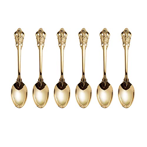 ZFQ Set de Cubiertos de Color Dorado de Acero Inoxidable 18/10, Estilo Vintage, Acabado Pulido Brillante, para Cocina, Restaurante, Fiesta, Juego de 6 Cucharas de Mesa, Longitud 20.2cm