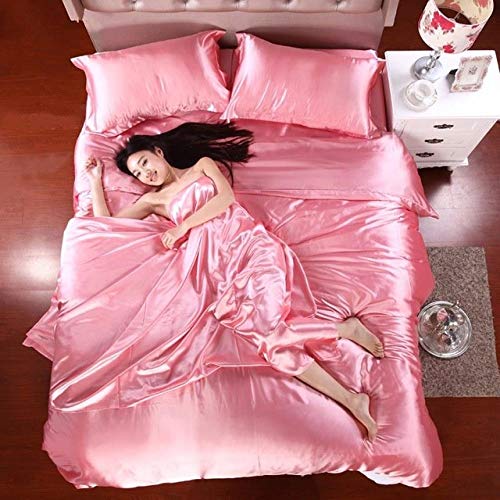ZJHZN Hot! 100% Pure Satin Silk Bedding Set,Home Textile King Size Bed Set,Bedclothes,Duvet Cover Flat Sheet Pillowcases Wholesale,Pink,Twin 2Pcs