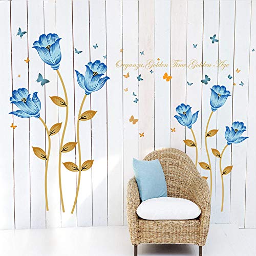 ZWXDMY Decorativas Pegatinas De Pared,Flores Azules Rama Dorada Mariposa Impermeable Extraíble Salón Calcomanías De Vinilo DIY Dormitorio Moderno Decoracion Póster Póster Mural