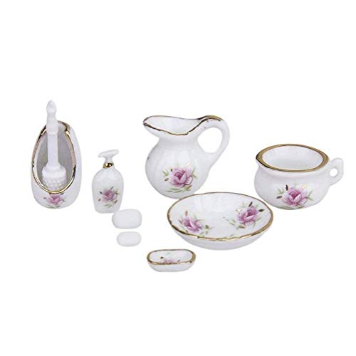 1:12 Dollhouse Miniatura Kit de Baño Dispensador de Champú Set Exquisito Patrón Floral Mínimo Porcelana Accesorios de Baño Regalo de Vacaciones