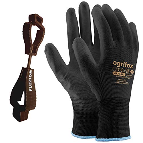 24 pares de guantes de trabaj poliuretano y clip para guantes FUZZIO® (M - 8, Negro)