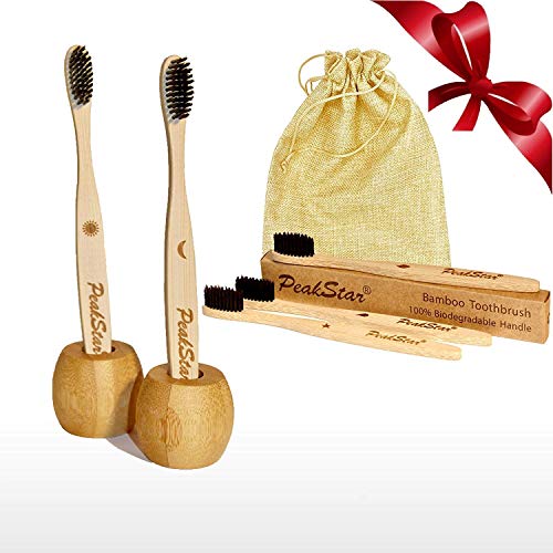 5x Cepillo Dientes Bambu PREMIUM PeakStar | 100% Biodegradable sin BPA | 2 Holders Homenaje + Paquete de Viaje | Cepillos con Finas Cerdas Suaves | ♻ Eco Vegan Friendly Organic Bamboo Toothbrush