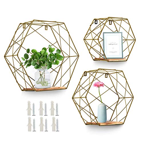 AGSIVO 3pcs Estantería de Pared de Forma Hexágono, Estantes Flotantes de Malla de Metal, para Almacenamiento y Decoración en Sala de Estar, Dormitorio Dorado