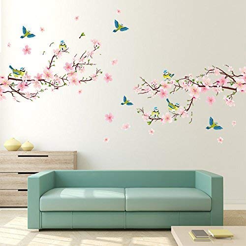 Alicemall 3D Vinilos Pared Flor de Melocotón Pegatinas Pared Rosa Izquierda 111*77cm y Derecha 140*78cm Adhesivo Impermeable para Sala de Estar