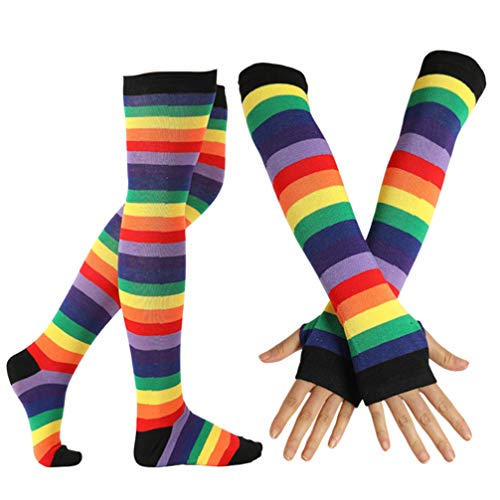 Amosfun 2Pc Calcetines de Guantes Arcoiris Set Medias de Rodilla a Rayas Guantes Largos Y Coloridos para Dama