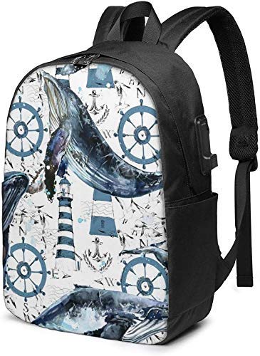 AOOEDM Whale Lighthouse Helm Sea Theme Mochila para portátil 17 Pulgadas Mochilas de Viaje de Negocios Mochilas universitarias con Puerto de Carga USB