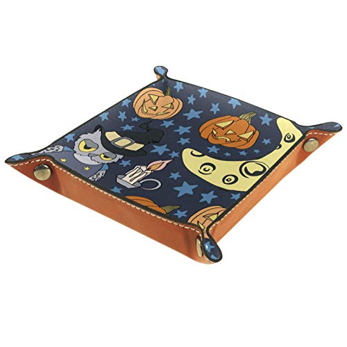 Bandeja de Valet, colección de Cuero de PU, Organizador de bandejas, Caja de Almacenamiento para Relojes, Joyas, Monedas, Billetera, búho de Halloween, Calabaza, Luna, Dibujos Animados