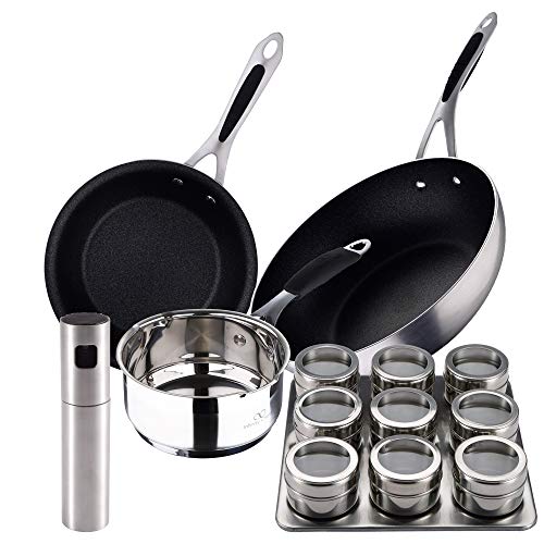 BERGNER Masterpro BG Sartén Wok Ø28 + Cazo Ø16 + Set vinagrera y aceitera en Spray + Botes especieros con Bandeja organización, Aluminio Forjado