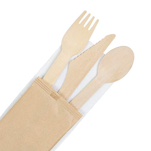 BIOZOYG Juego de Cubiertos de Madera Cuchillo Tenedor Cuchara 16cm con servilleta I Cubiertos biodegradables I Cubiertos de Madera para Fiestas I Juego de Cubiertos de Madera para Exteriores 100 pzs