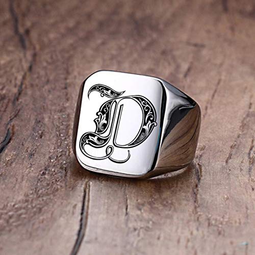 BLUESTEER Anillo de Sello con Iniciales Retro para Hombres, 18 mm, Sello Pesado y voluminoso, Banda Masculina, Letras de Acero Inoxidable, Regalo de joyería, 20,6 mm, D