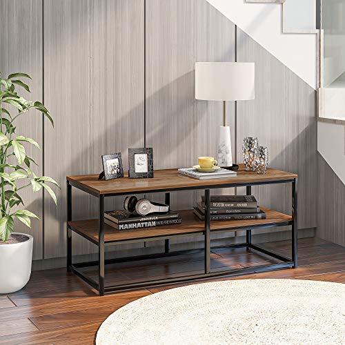 Buat Mesa de café cuadrada/mesa consola antigua/mesa de café industrial/escritorio con estante de almacenamiento y estante abierto (bronce)
