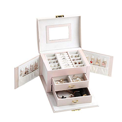 CJHOME Joyero, 3 Capas de Cuero PU Organizador de Caja de Almacenamiento de Joyas Espejo Incorporado con Cerradura Maquillaje de tamaño Compacto con Cerradura para Regalo de niñas y Mujeres,Rosado