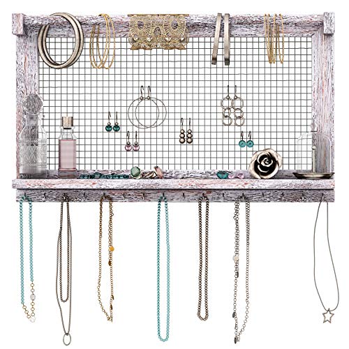 Comfify Organizador de Joyas rústicas - Montado en Pared Organizador de Joyas con extraíble Pulsera Rod y 16 Ganchos Pendientes, Collar y Porta Pulseras - Blancos rústicos