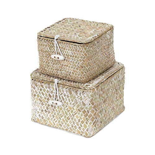 Compactor Set 2 cestas cuadradas con Tapa, Modelo Trésor, Color Blanco Lavado, Tamaño, 15 x 15 x 10 cm, 12 x 12 x 8 cm, RAN7853