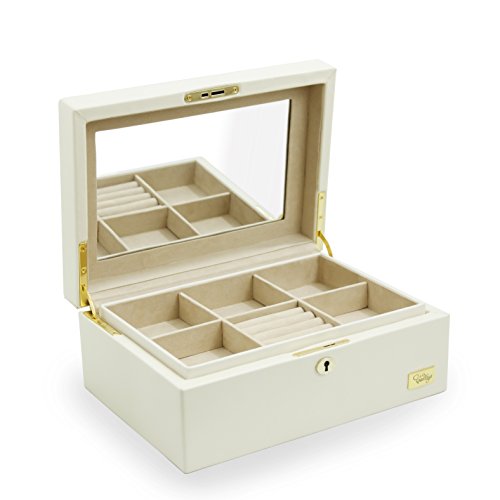 CORDAYS - Joyero Señora en Armazón de Madera y Piel Sintética con Espejo Interior y Nivel Superior Extraíble con Cerradura.- Caja organizadora de Joyas Hecha a Mano Color Blanco Perla CDL-10046