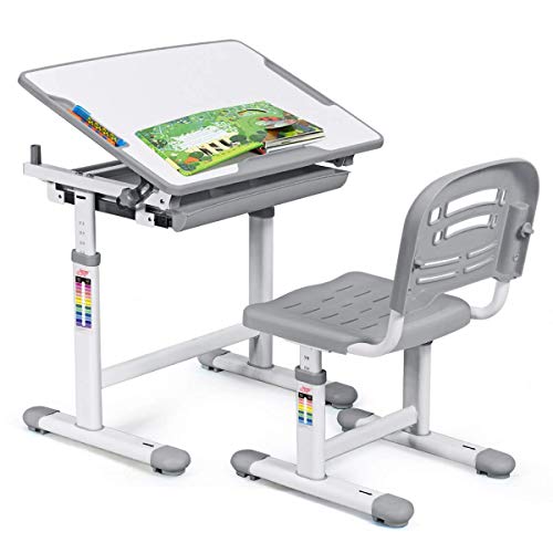 COSTWAY Escritorio para Niños con Silla Mesa de Lectura para Infantil con Cajón Ángulo y Altura Ajustable (Gris)